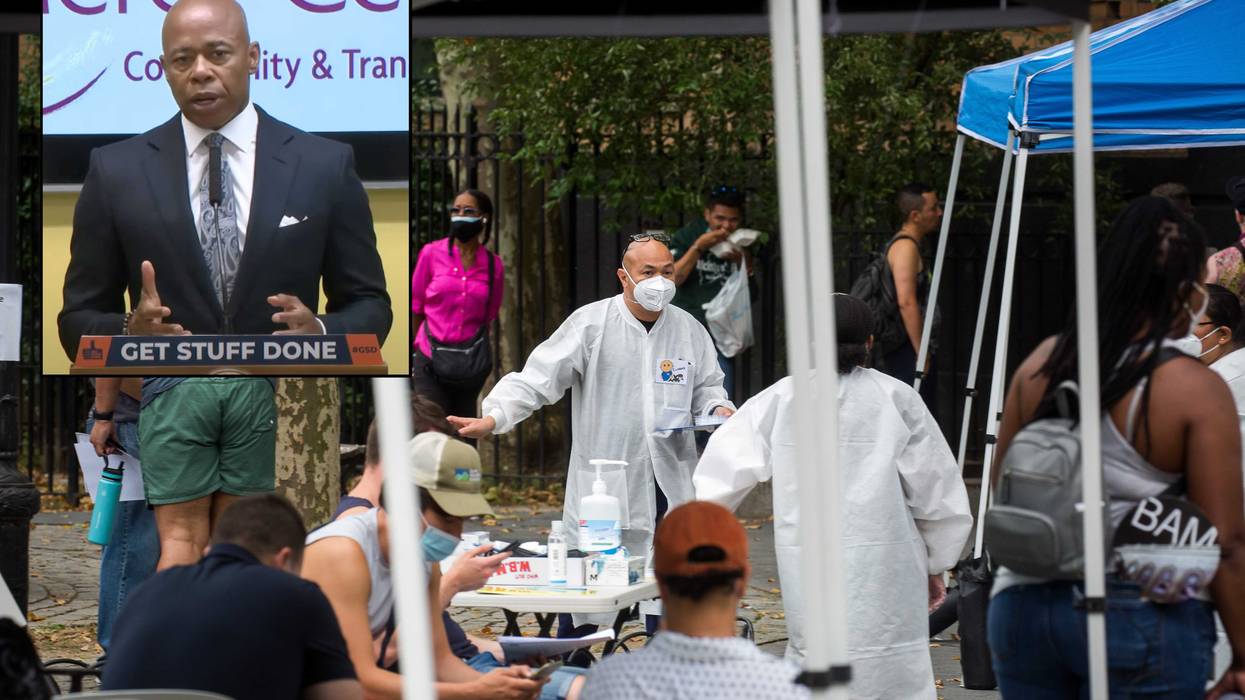 People wait to be vaccinated at a monkeypox vaccination site in New York City this month. Inset: Mayor Eric Adams at a press conference Thursday