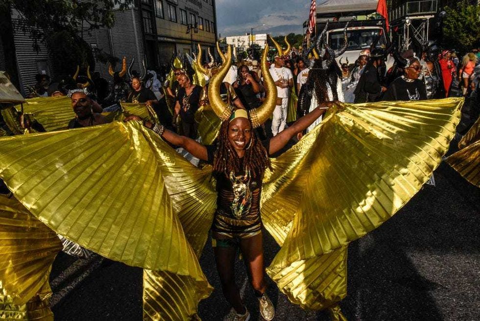 People wear horns to embody a character called "Jab Jab" (from the french for Devil) in a Caribbean street carnival starting at dawn called J