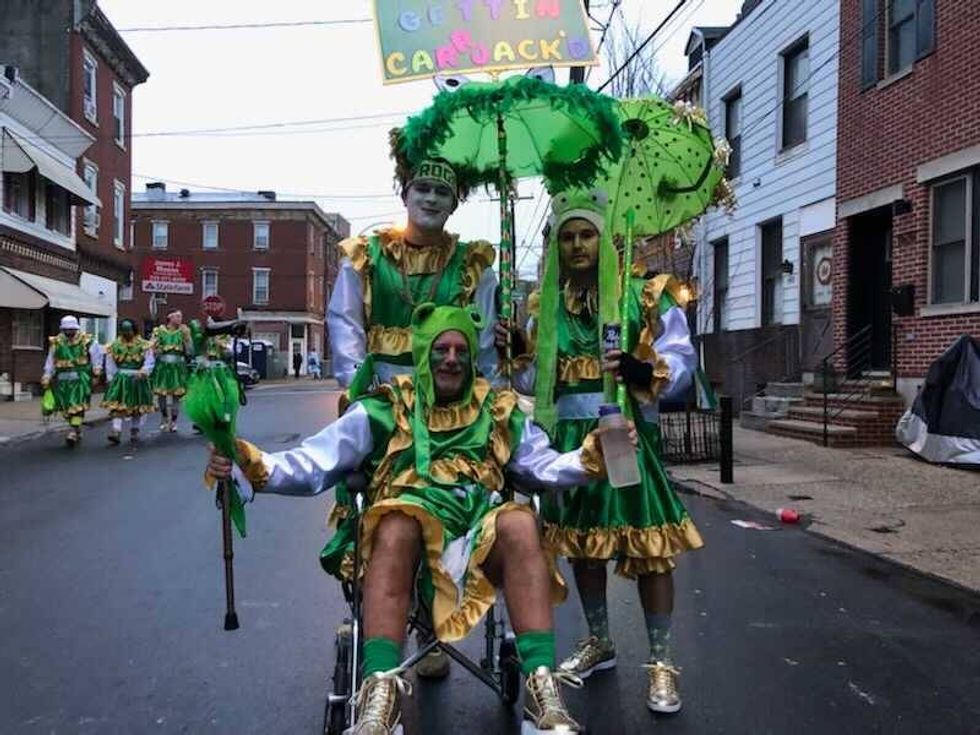 Performers preparing for the start of the 2022 Mummers Parade in Philadelphia.