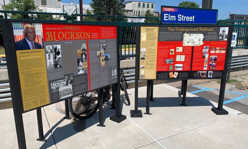 Permanent panels highlighting the achievements of historian Charles Blockson are on display at the Elm Street SEPTA Regional Rail station in Norristown.