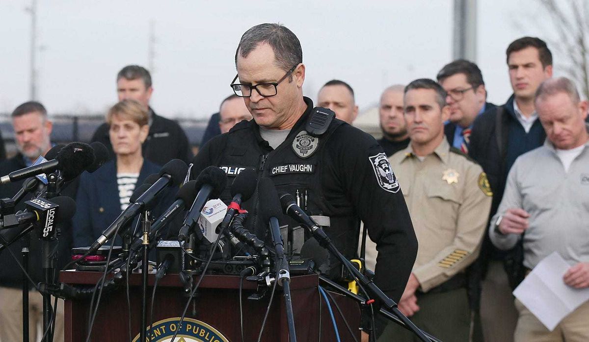 Perry police chief Eric Vaughn speaks during a news conference about Perry High School Shooting on T hursday, Jan. 4, 2024, in Perry, Iowa.