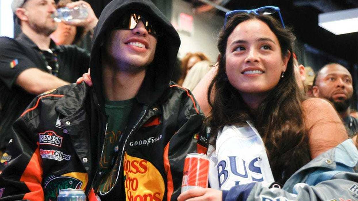 Pete Davidson and Chase Sui attend the drivers meeting prior to the NASCAR Cup Series 65th Annual Daytona 500 at Daytona International Speedway on February 19, 2023 in Daytona Beach, Florida.
