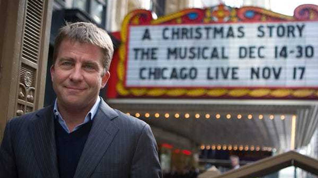 Peter Billingsley, who played Ralphie in the movie "A Christmas Story", stands beneath the marquee of the Chicago Theater to promote his musical