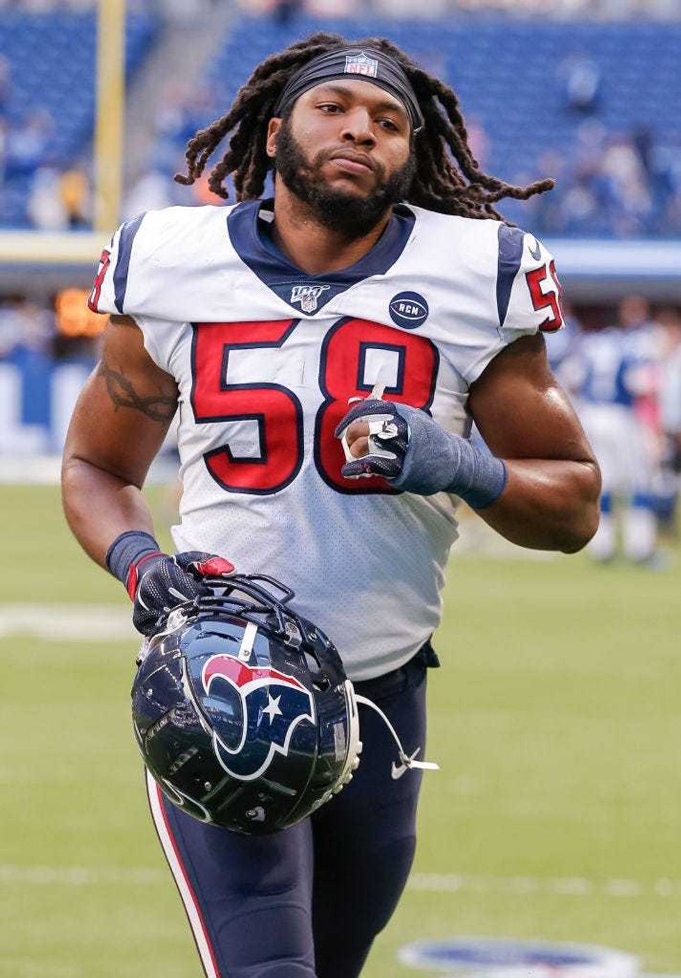 Peter Kalambayi of the Houston Texans is seen after the game against the Indianapolis Colts at Lucas Oil Stadium on October 20, 2019 in Indianapolis, Indiana.