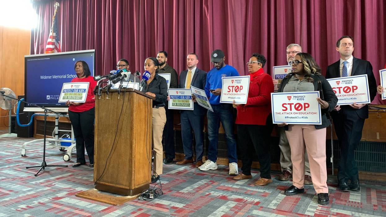 PFT Treasurer LeShawna Coleman addresses a news conference at Widener Memorial School.