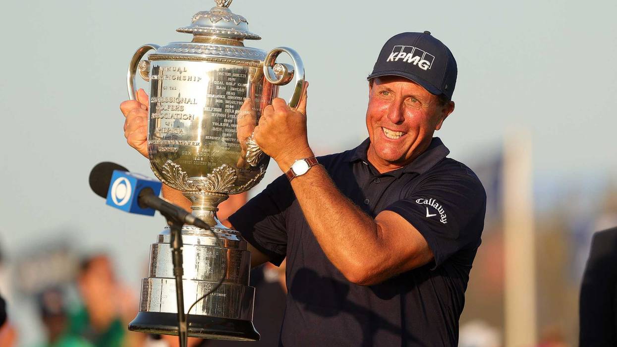 Phil Mickelson with the Wanamaker Trophy after winning the 2021 PGA Championship, 5/23/21