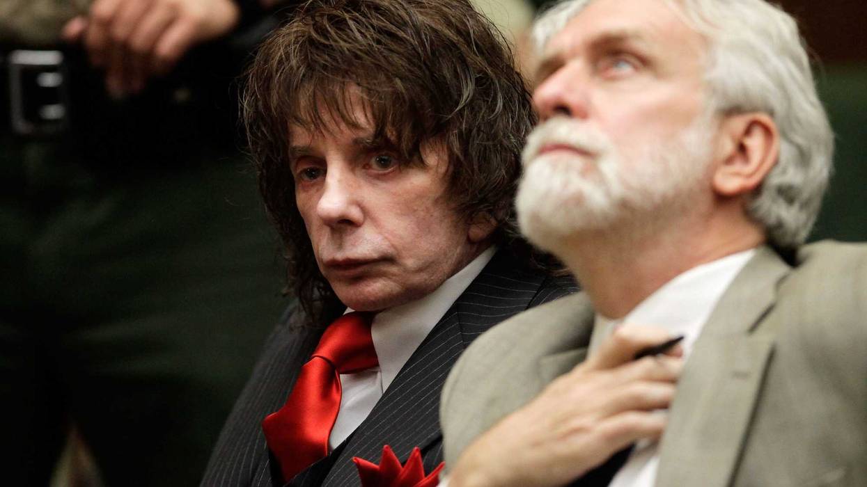 Phil Spector (L) and his attorney Dennis Riordan look on during sentencing in Los Angeles Crimminal Courts on May 29, 2009 in Los Angeles, California, for the February 2003 shooting death of actress Lana Clarkson Spector was sentenced for 19 years to life.