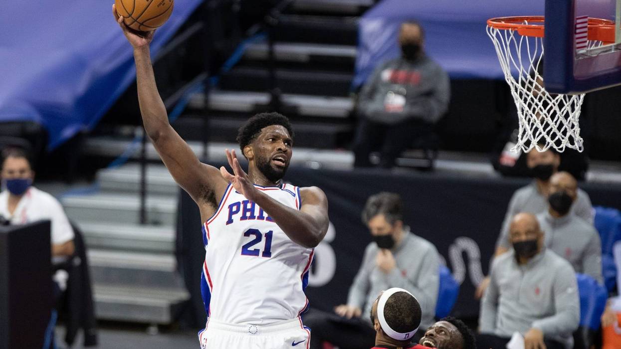 Philadelphia 76ers center Joel Embiid (21) shoots the ball against the Houston Rockets during the fourth quarter at Wells Fargo Center.