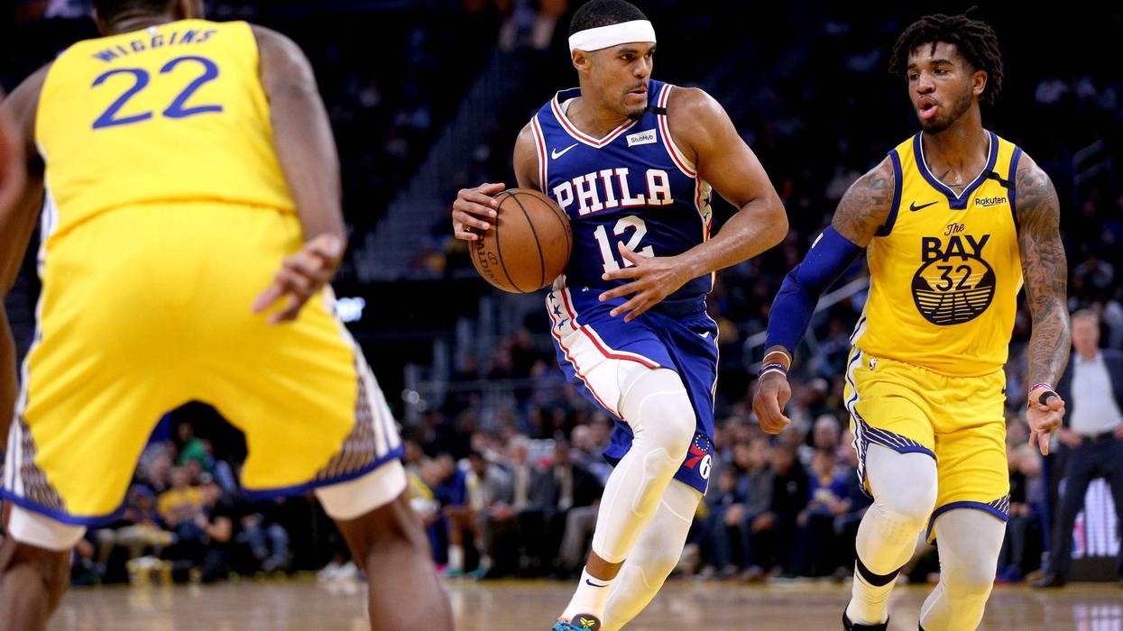 Philadelphia 76ers forward Tobias Harris (12) drives to the basket against the Golden State Warriors in the second quarter at the Chase Center.