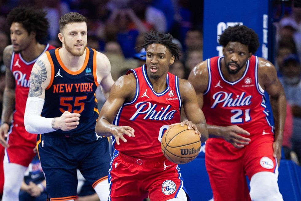 Philadelphia 76ers guard Tyrese Maxey dribbles the ball against the New York Knicks during the first half of Game Four of the first round in the 2024 NBA playoffs at Wells Fargo Center.