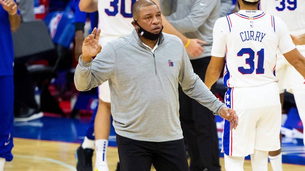 Philadelphia 76ers head coach Doc Rivers reacts during the second quarter of a game against the Boston Celtics at Wells Fargo Center.