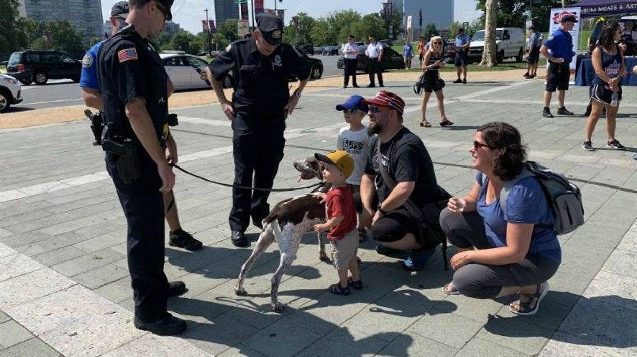 Philadelphia-area police officers were playing around in front of the Philadelphia Art Museum to promote next Tuesday's National Night Out.
