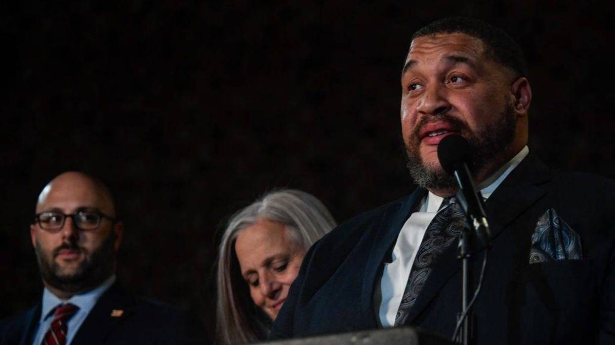 Philadelphia City Commissioner Omar Sabir issues a statement to the press with commissioners Lisa Deeley and Seth Bluestein at the Philadelphia City Commissioners Office and Election Warehouse on Election Day in Philadelphia.