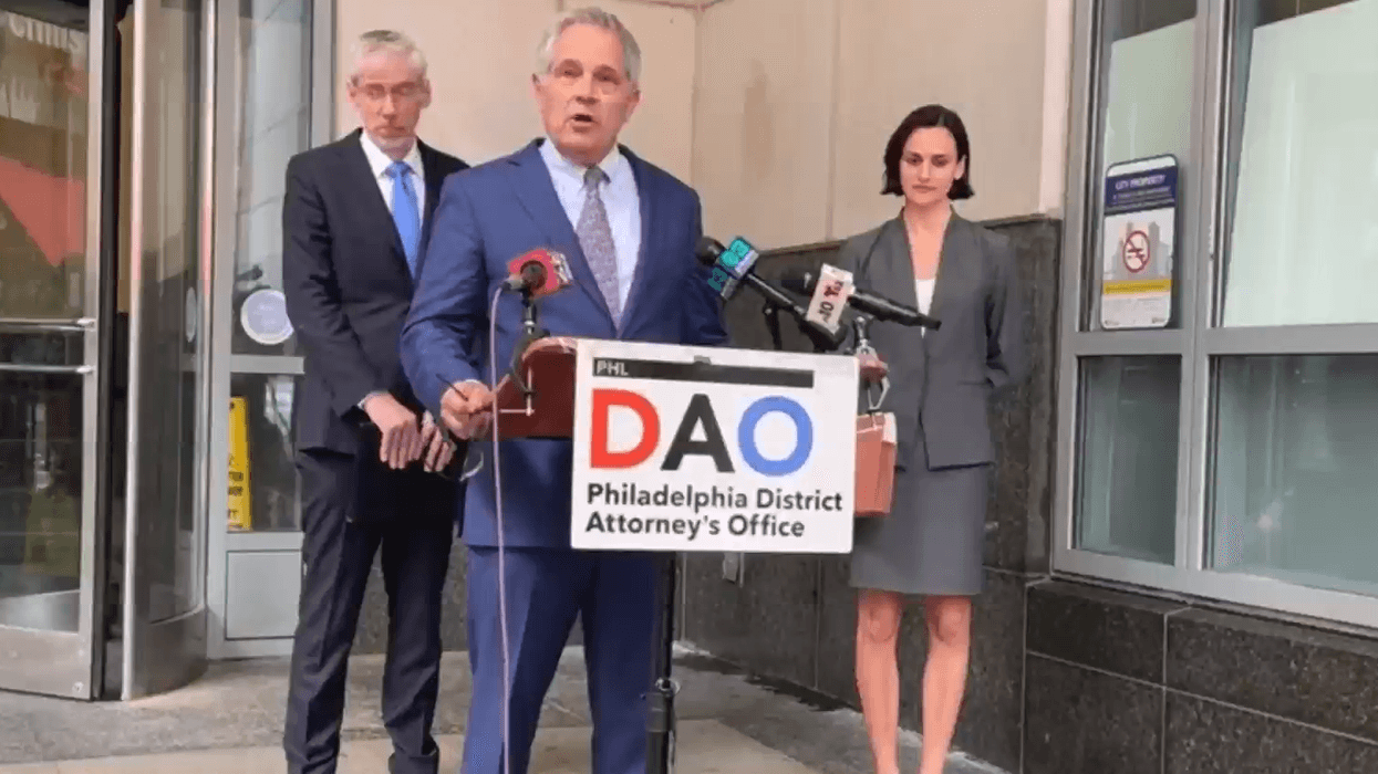 Philadelphia District Attorney Larry Krasner announces the murder conviction of three men accused of killing an elderly woman in 1997 has been overturned.