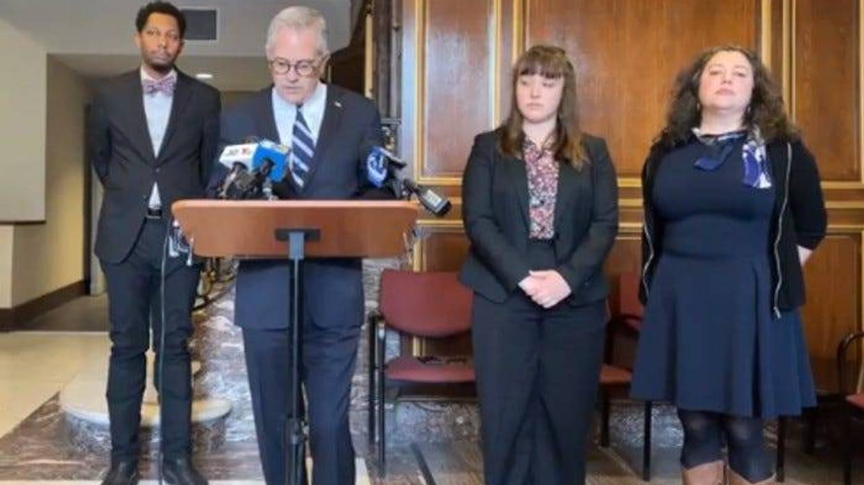 Philadelphia District Attorney Larry Krasner (center left) announced Tuesday he's filed a motion for reconsideration in the sentencing of former Philly police officer Eric Ruch. Ruch was sentenced to 11 to 23 1/2 months in prison for voluntary manslaughter.