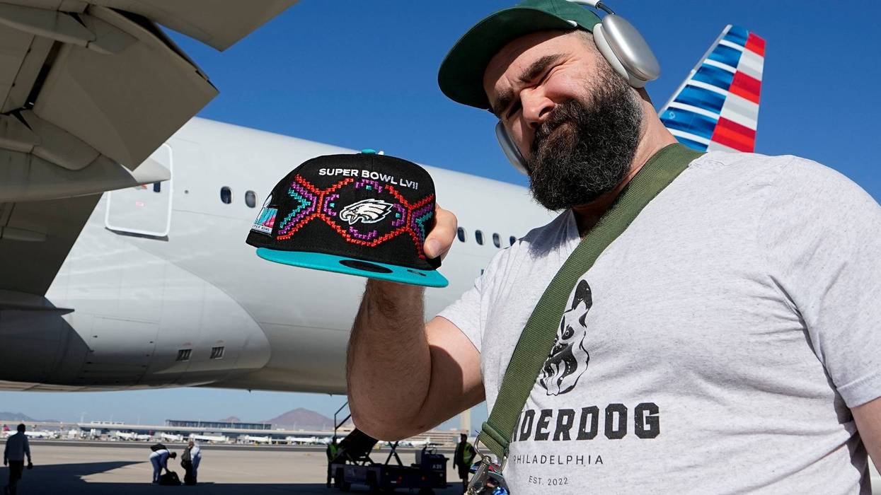 Philadelphia Eagles center Jason Kelce arrives ahead of the NFL football Super Bowl 57, Sunday, Feb. 5, 2023, in Phoenix.