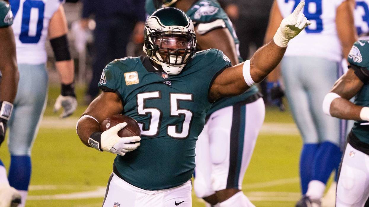 Philadelphia Eagles defensive end Brandon Graham reacts after a fumble recovery against the Dallas Cowboys during the first quarter at Lincoln Financial Field.