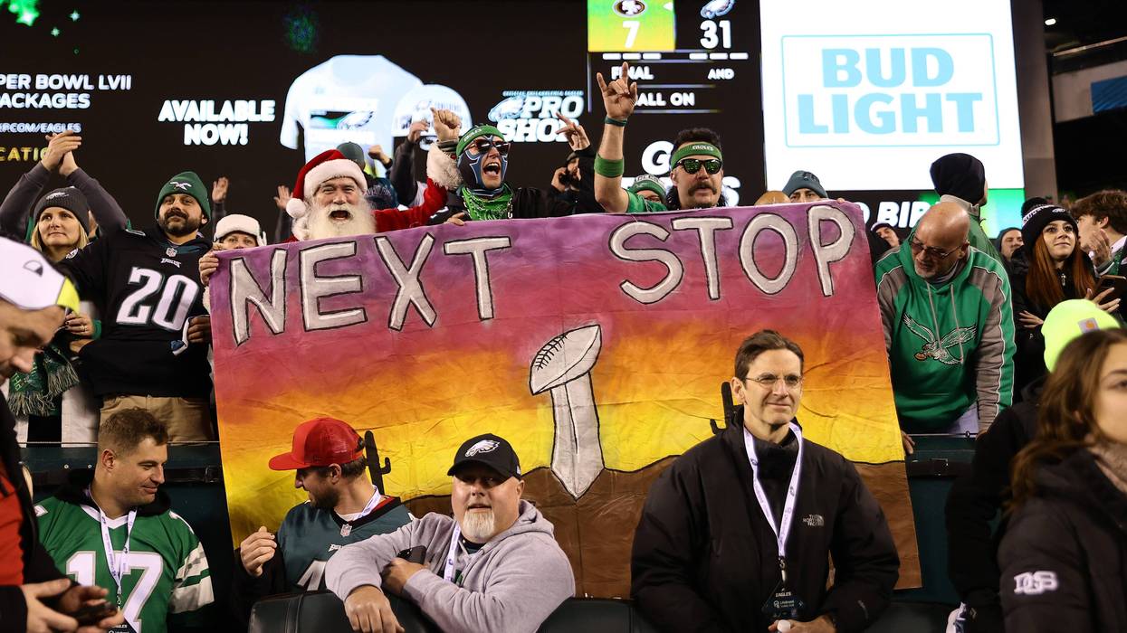 Philadelphia Eagles fans hold signs celebrating the Eagles' win over the San Francisco 49ers in the NFC Championship Game at Lincoln Financial Field on Jan. 29, 2023, in Philadelphia, Pennsylvania. Philadelphia defeated San Francisco 31-7.