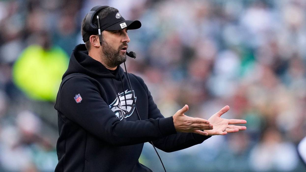 Philadelphia Eagles head coach Nick Sirianni calls out from the sideline in the first half of an NFL football game against the New Orleans Saints in Philadelphia, Jan. 1, 2023.
