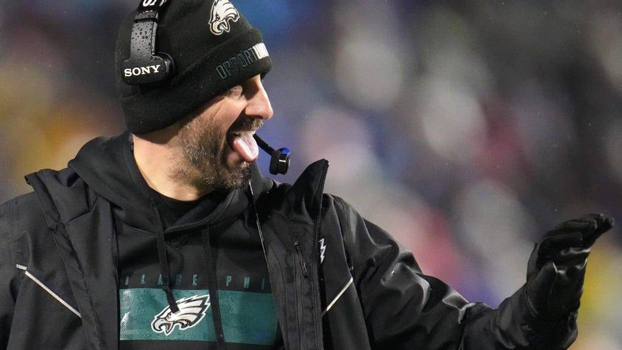 Philadelphia Eagles head coach Nick Sirianni reacts after the Eagles blocked an extra point attempt during the second half of an NFL football game against the Buffalo Bills, Sunday, Dec. 28, 2025, in Buffalo, N.Y.