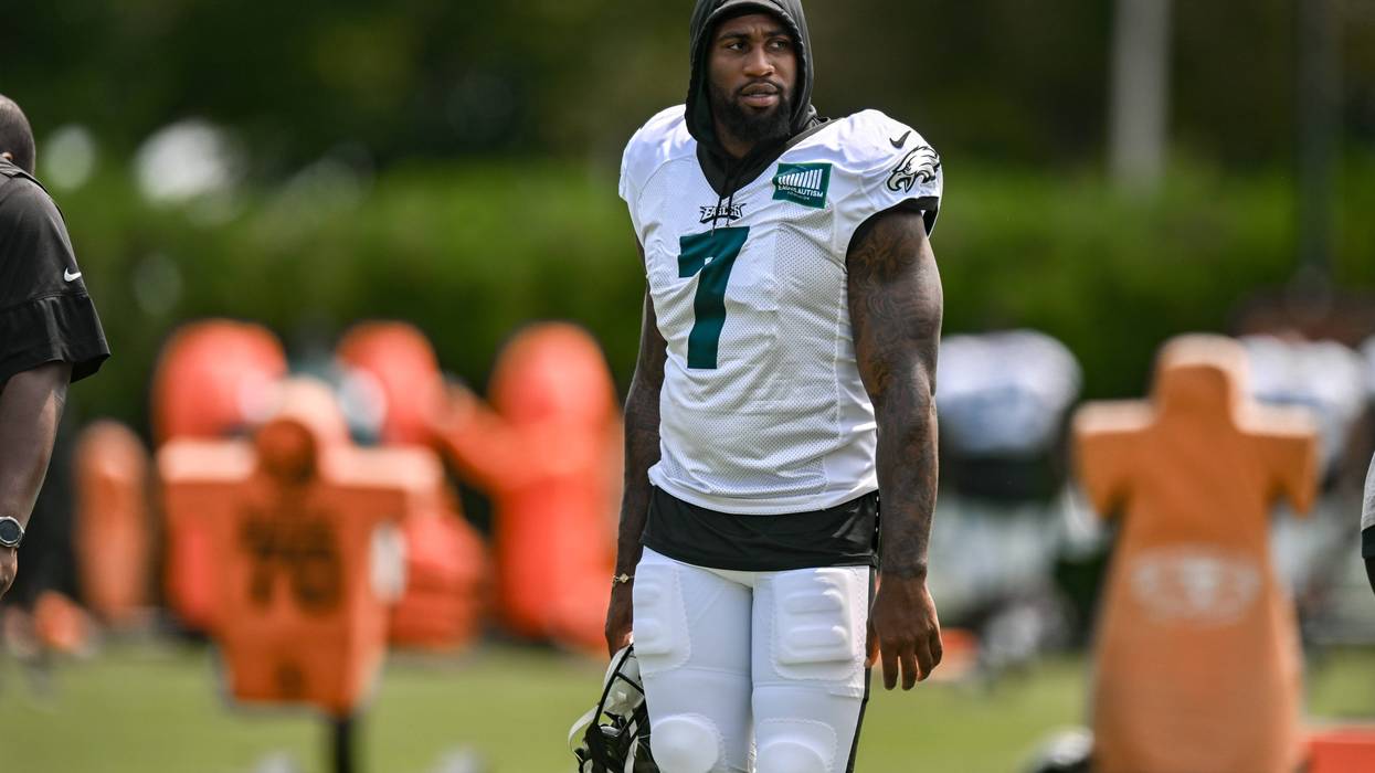 Philadelphia Eagles linebacker Haason Reddick (7) looks on during Philadelphia Eagles training camp on Aug. 1, 2023, at the NovaCare Complex in Philadelphia.