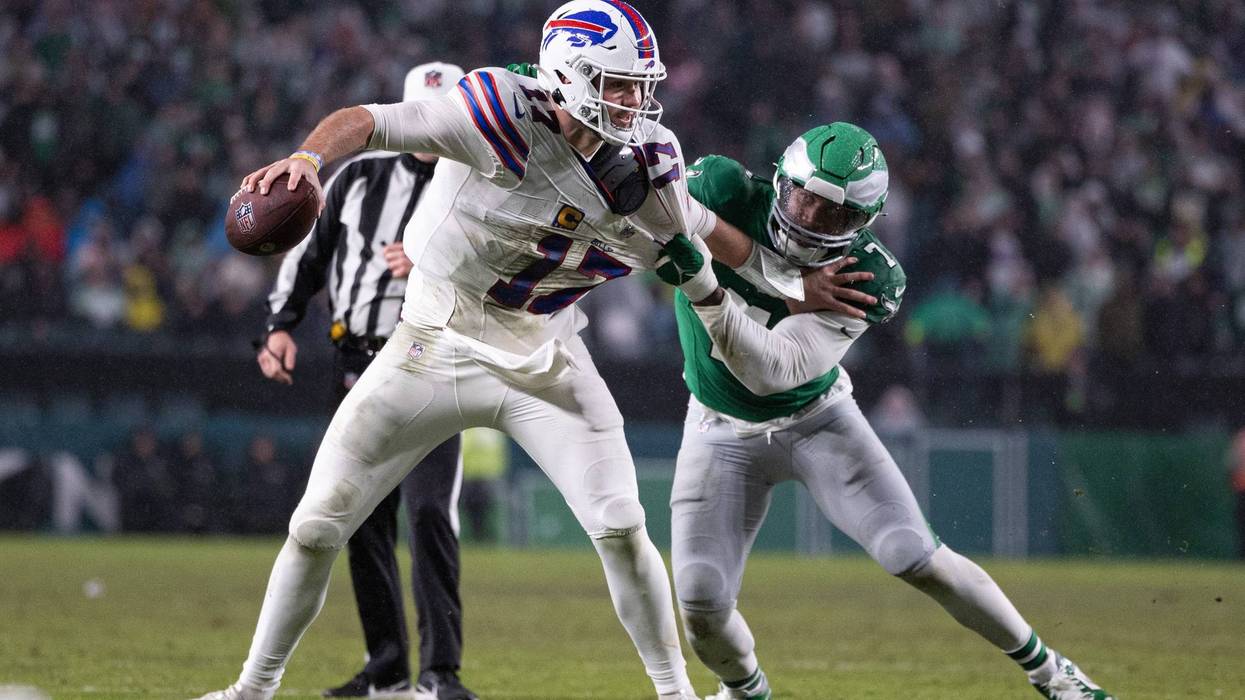 Philadelphia Eagles linebacker Haason Reddick (7) sacks Buffalo Bills quarterback Josh Allen (17) during the second quarter at Lincoln Financial Field on Nov. 26, 2023.