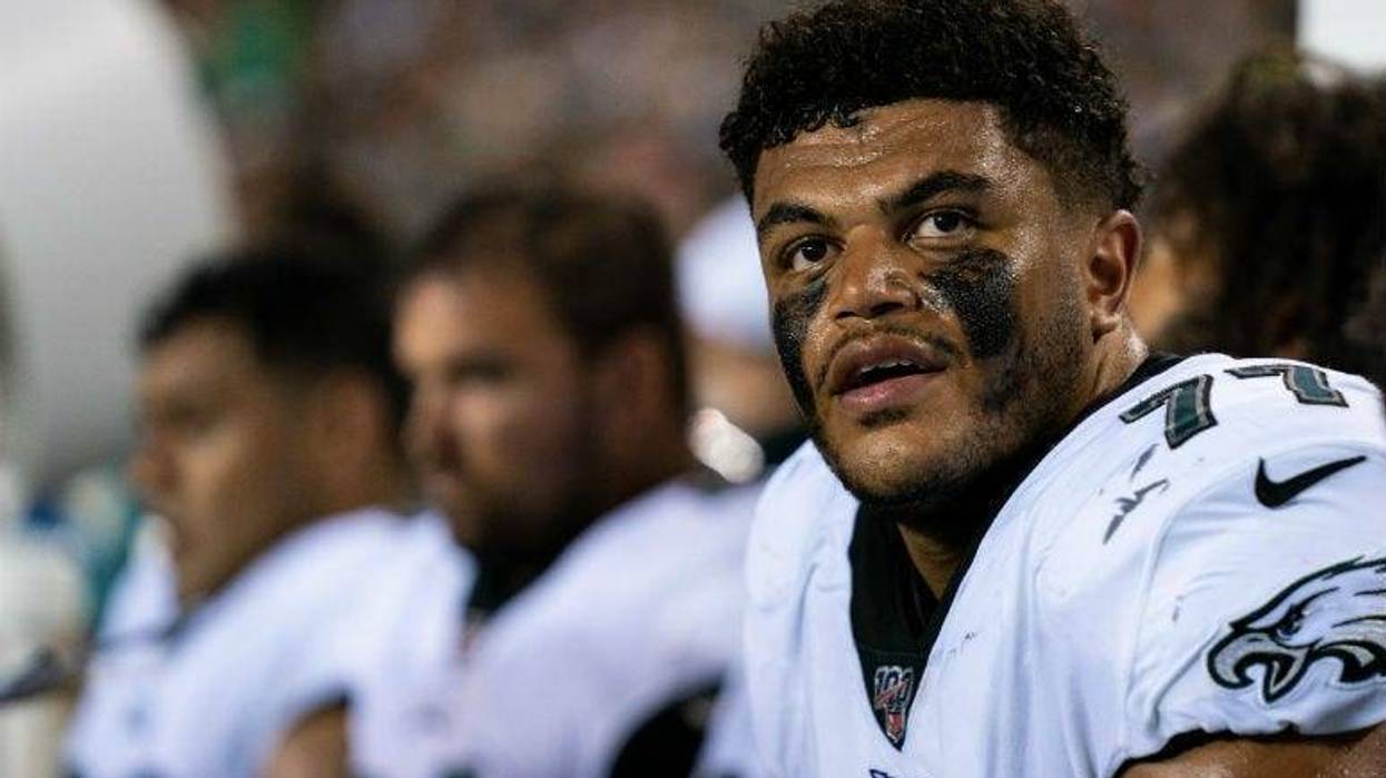 Philadelphia Eagles offensive tackle Andre Dillard (77) looks on from the players bench during the second quarter against the Baltimore Ravens at Lincoln Financial Field.