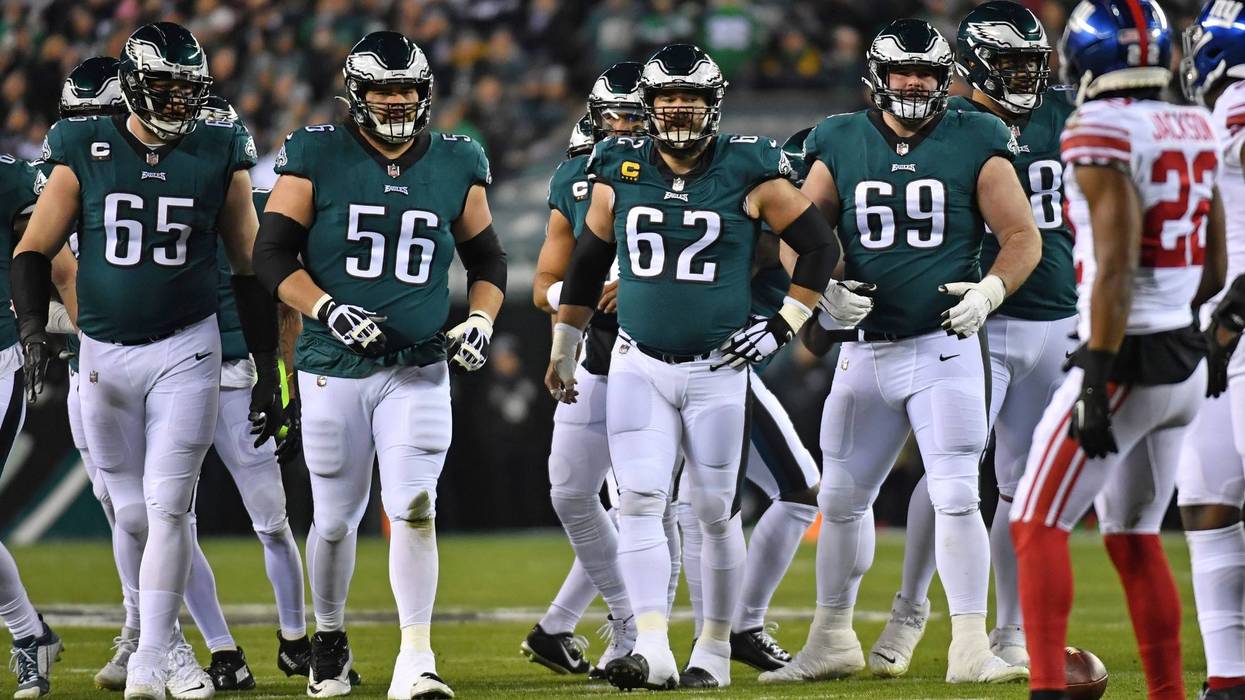 Philadelphia Eagles offensive tackle Lane Johnson (65), guard Isaac Seumalo (56), center Jason Kelce (62) and center Landon Dickerson (69)