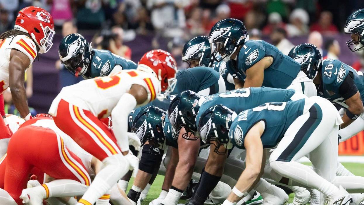 Philadelphia Eagles quarterback Jalen Hurts (1) lines up for the tush push play on the goal line against the Kansas City Chiefs during Super Bowl LIX at Ceasars Superdome.
