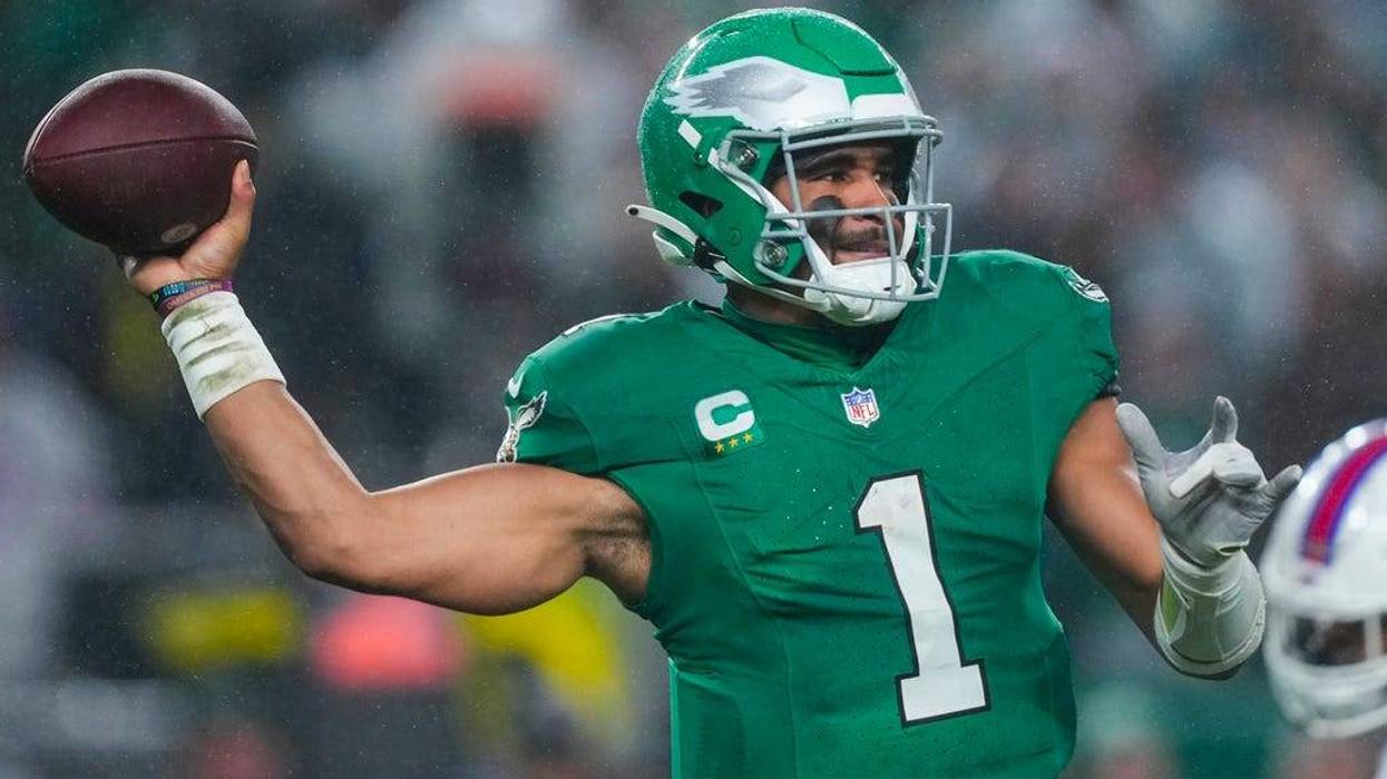 Philadelphia Eagles quarterback Jalen Hurts passes against the Buffalo Bills during the first half of an NFL football game Sunday, Nov. 26, 2023, in Philadelphia.
