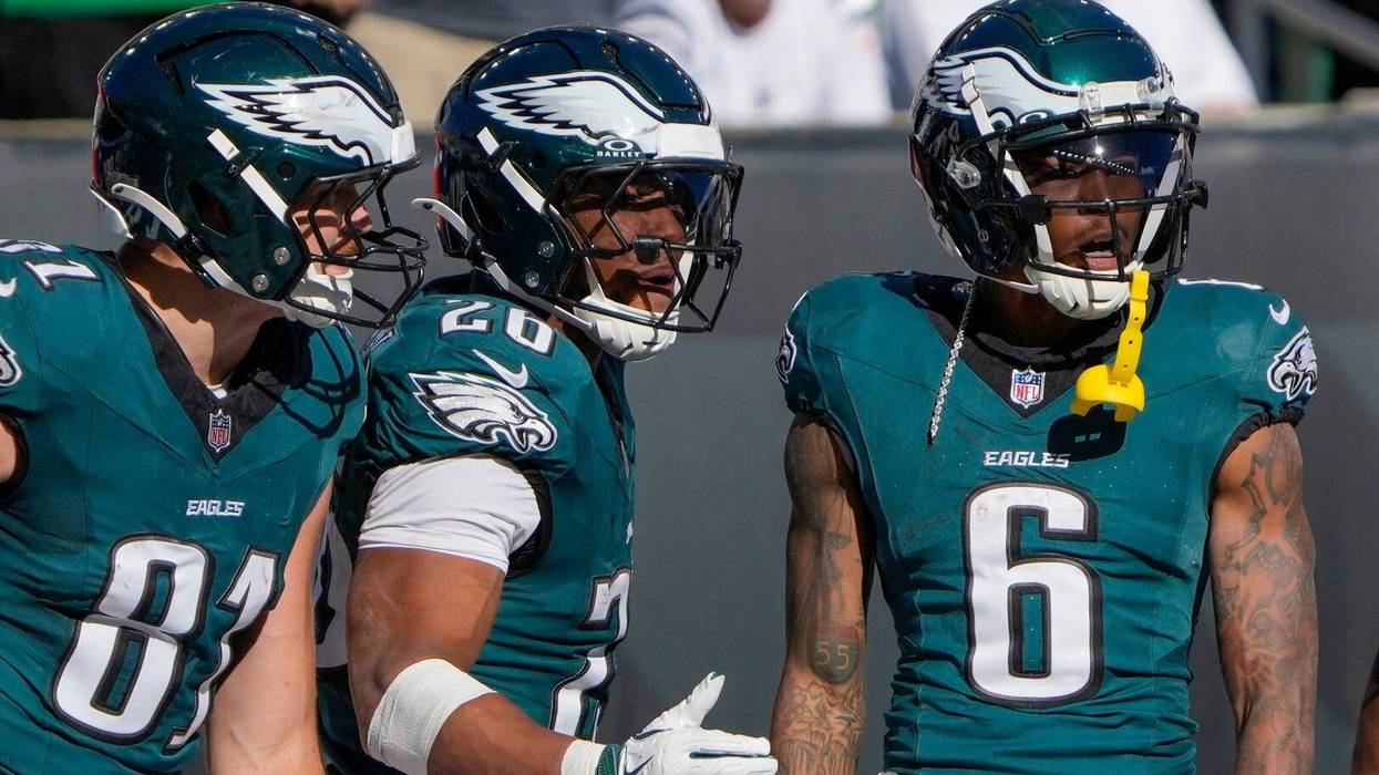 Philadelphia Eagles tight end Grant Calcaterra, running back Saquon Barkley and wide receiver DeVonta Smith celebrate Smiths touchdown in the third quarter of Cincinnati Bengals at Paycor.