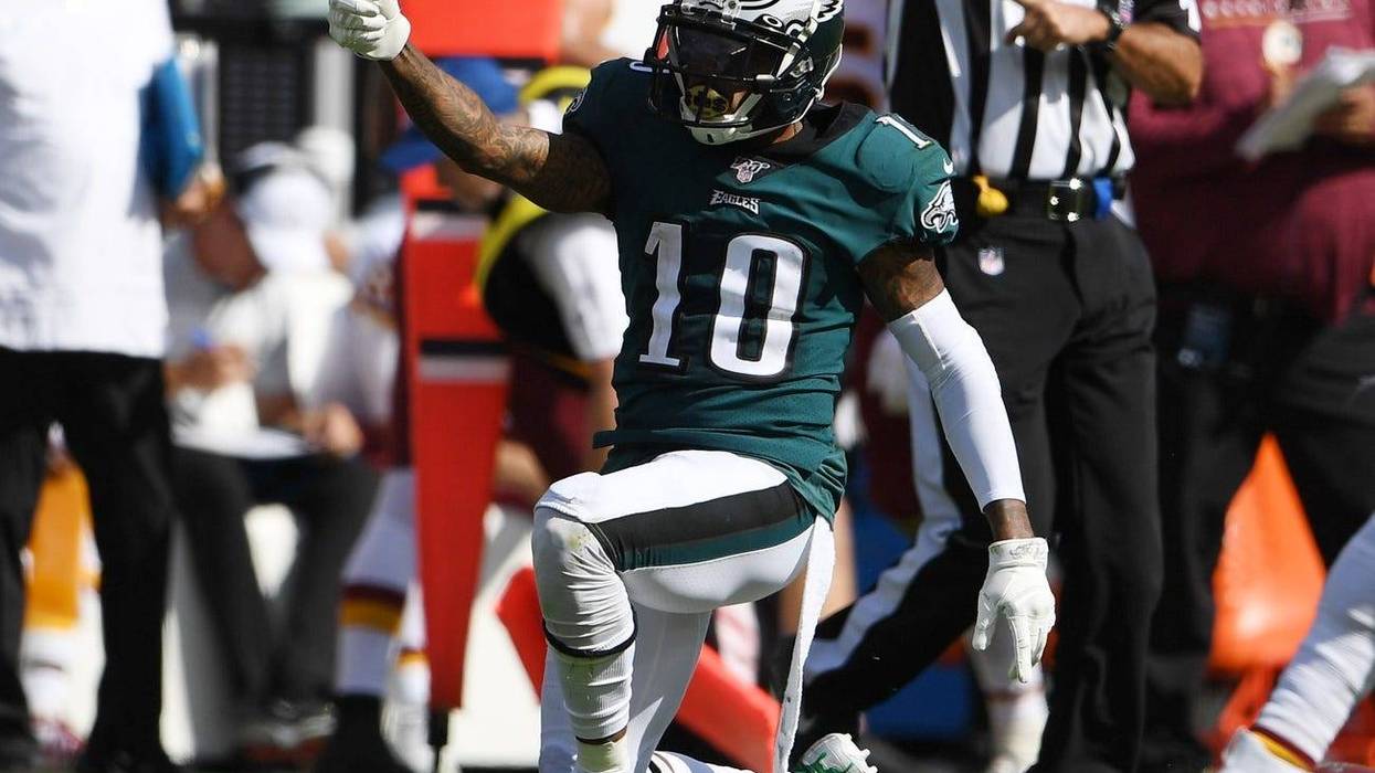 Philadelphia Eagles wide receiver DeSean Jackson (10) reacts after a first down reception in the third quarter against the Washington Redskins at Lincoln Financial Field.