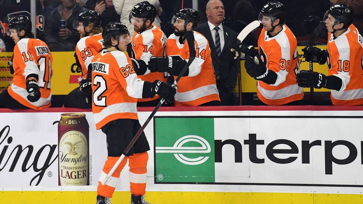 Philadelphia Flyers right wing Nicolas Aube-Kubel (62) celebrates a goal with teammates against the San Jose Sharks at Wells Fargo Center.
