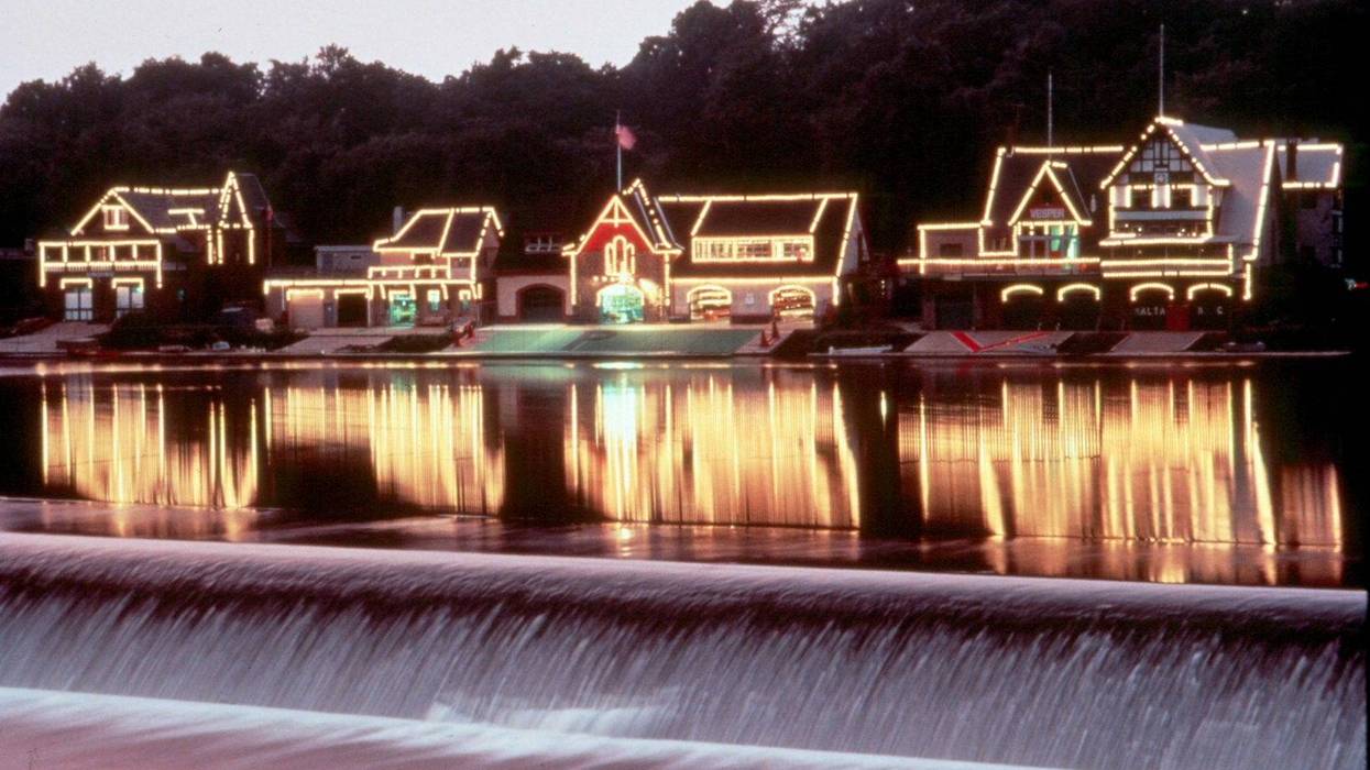 Philadelphia landmark Boathouse Row featuring illuminated lights outlining the historic 19th-century boathouses along the Schuylkill River