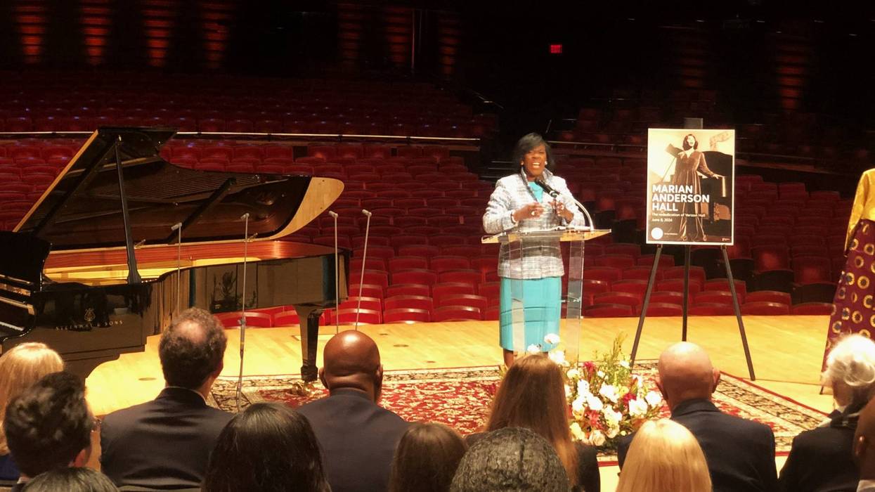 Philadelphia Mayor Cherelle Parker speaks at the Kimmel Center Wednesday, Feb. 28, at a ceremony to announce the renaming of its Verizon Hall to Marian Anderson Hall.