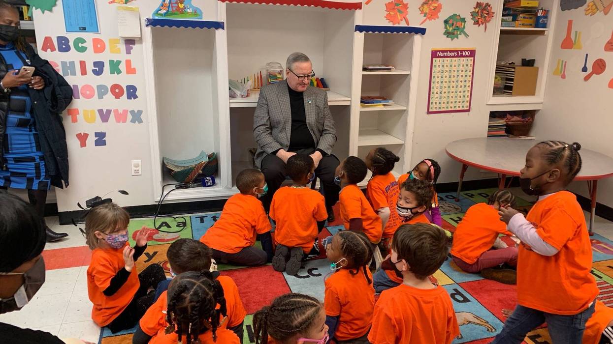 Philadelphia Mayor Jim Kenney at Children First, a pre-K funded by the city's soda tax.