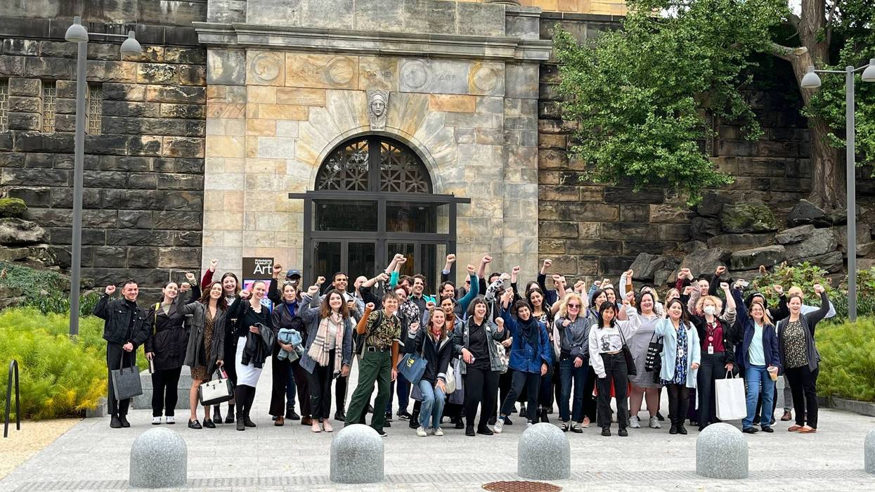 Philadelphia Museum of Art workers celebrate ratifying a new contract and ending their strike on Oct. 17, 2022.