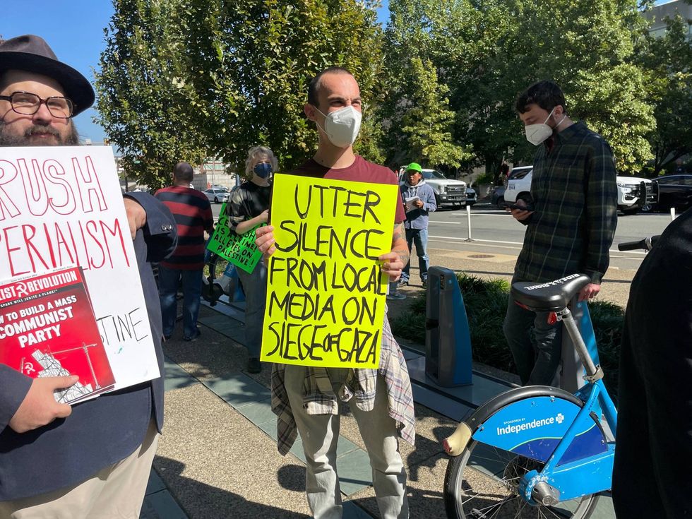 Philadelphia Palestinian Solidarity Coalition protesters gathered at WHYY studios to march to the offices of the Philadelphia Inquirer.