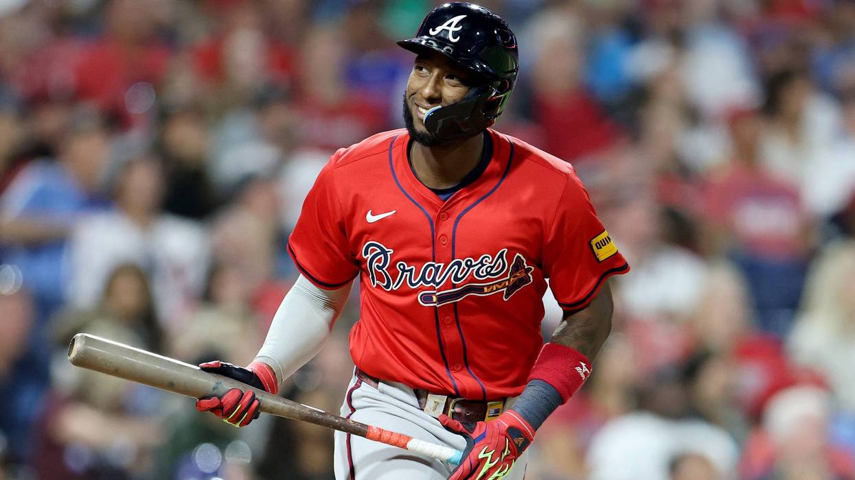 PHILADELPHIA, PENNSYLVANIA - AUGUST 29: Jurickson Profar #7 of the Atlanta Braves reacts to a pop out in the seventh inning during a game against the Philadelphia Phillies at Citizens Bank Park on August 29, 2025 in Philadelphia, Pennsylvania.