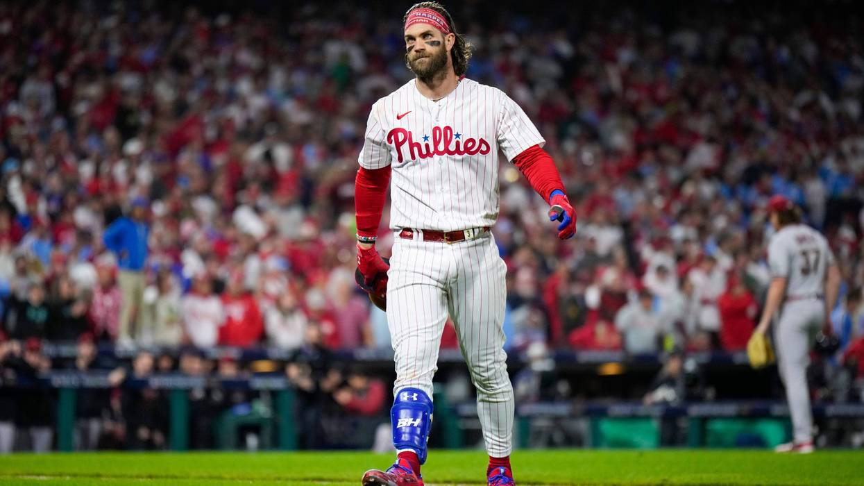 Philadelphia Phillies' Bryce Harper reacts after flying out against the Arizona Diamondbacks during the seventh inning in Game 7 of the baseball NL Championship Series in Philadelphia Wednesday, Oct. 25, 2023.