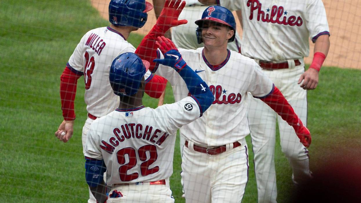 Philadelphia Phillies center fielder Mickey Moniak (16) reacts after hitting a three RBI home run during the second inning against the San Francisco Giants.