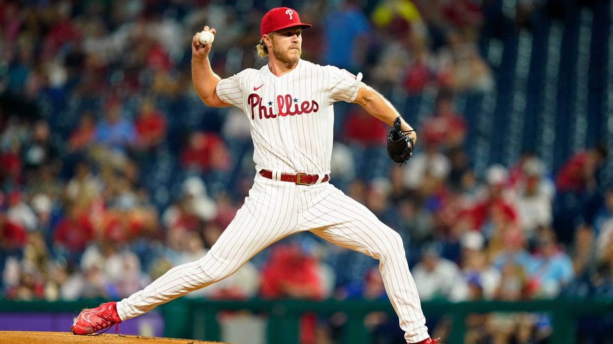 Philadelphia Phillies' Noah Syndergaard pitches during the first inning of a baseball game against the Cincinnati Reds, Monday, Aug. 22, 2022, in Philadelphia.