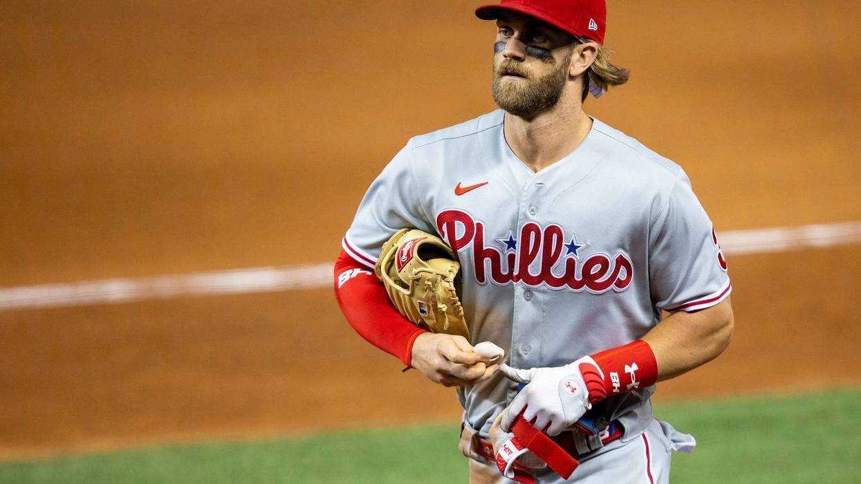 Philadelphia Phillies outfielder Bryce Harper (3) walks back to the Phillies dugout after the end of the seventh inning against the Miami Marlins on Monday, September 14, 2020 at Marlins Park in Miami, Florida.