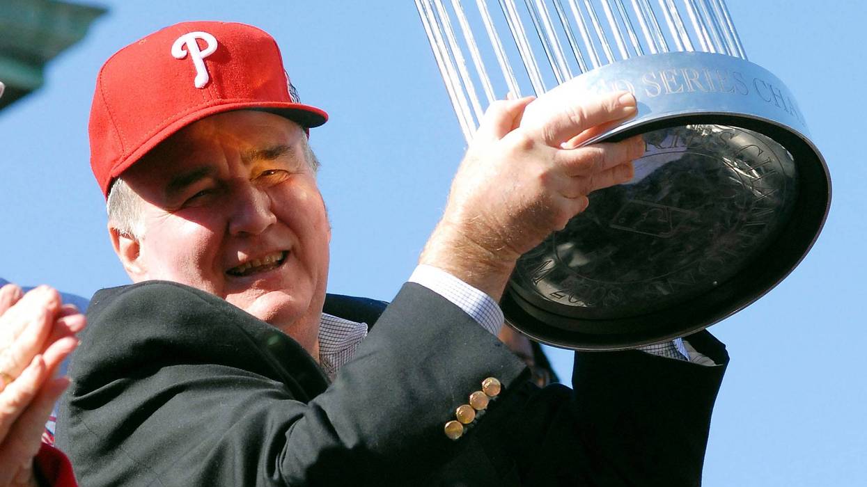 Philadelphia Phillies President Dave Montgomery hold the World Series trophy during the World Championship Parade October 31, 2008 in Philadelphia, Pennsylvania.
