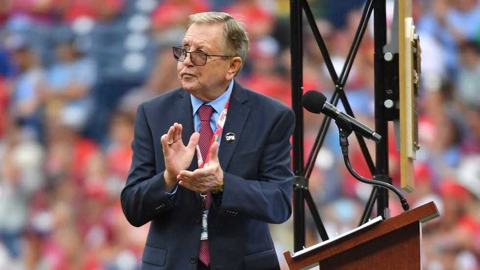 Philadelphia Phillies public address announcer Dan Baker during a ceremony before a game against the New York Mets at Citizens Bank Park on August 8, 2021.