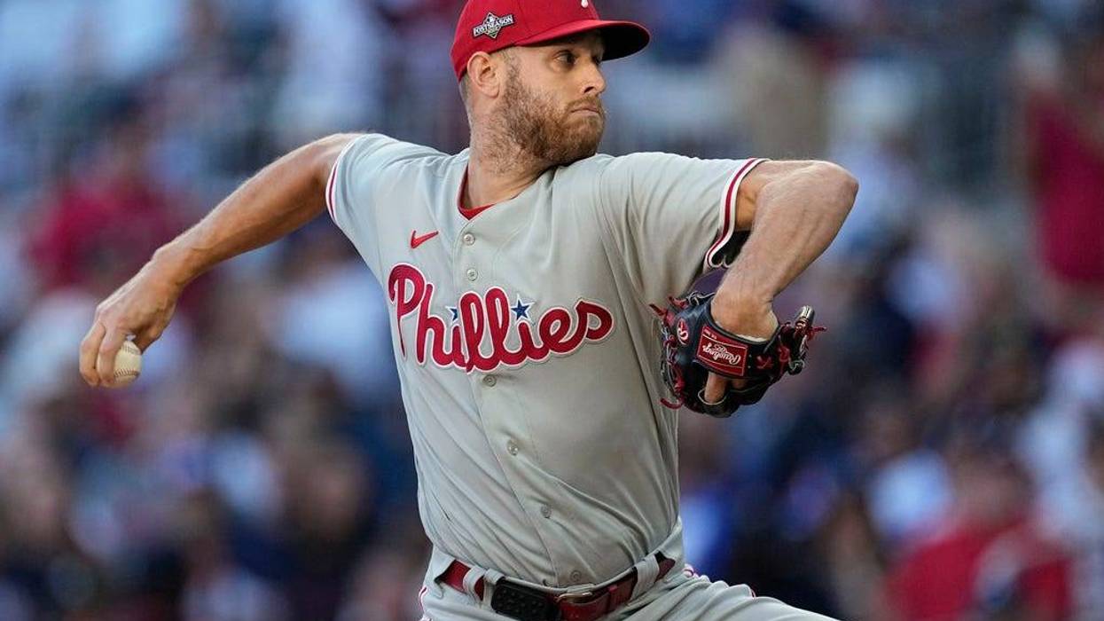 Philadelphia Phillies starting pitcher Zack Wheeler (45) works from the mound in the first inning of Game 2 of a baseball NL Division Series against the Atlanta Braves, Monday, Oct. 9, 2023, in Atlanta. (AP Photo/John Bazemore)