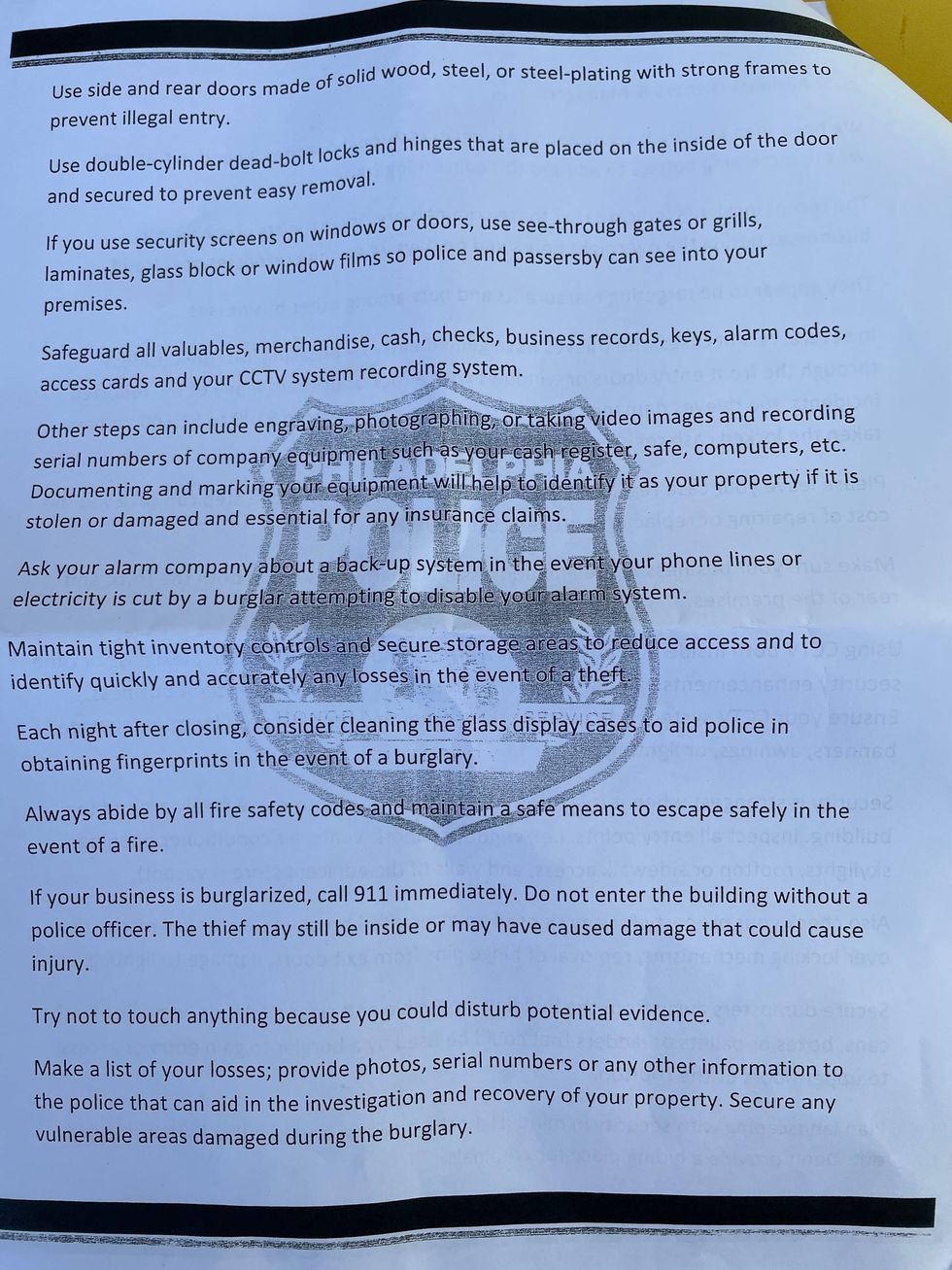 Philadelphia Police made recommendations for small business owners in Center City after a rash of burglaries and other crimes.