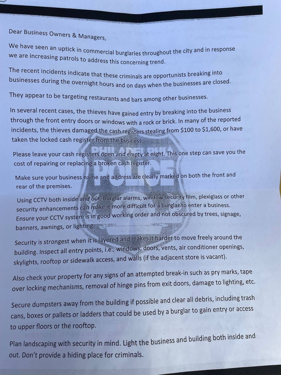 Philadelphia Police made recommendations for small business owners in Center City after a rash of burglaries and other crimes.