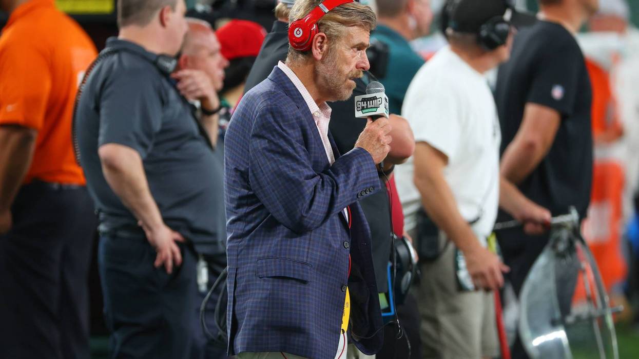 Philadelphia sportscaster Howard Eskin on the field during the National Football League preseason game between the New York Jets and the Philadelphia Eagles on Aug. 27, 2021, at MetLife Stadium in East Rutherford, New Jersey.