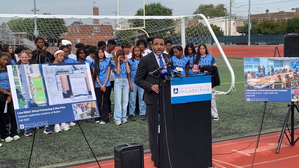 Philadelphia Superintendent Tony Watlington speaks at the unveiling of new soccer amenities at the South Philadelphia Supersite.